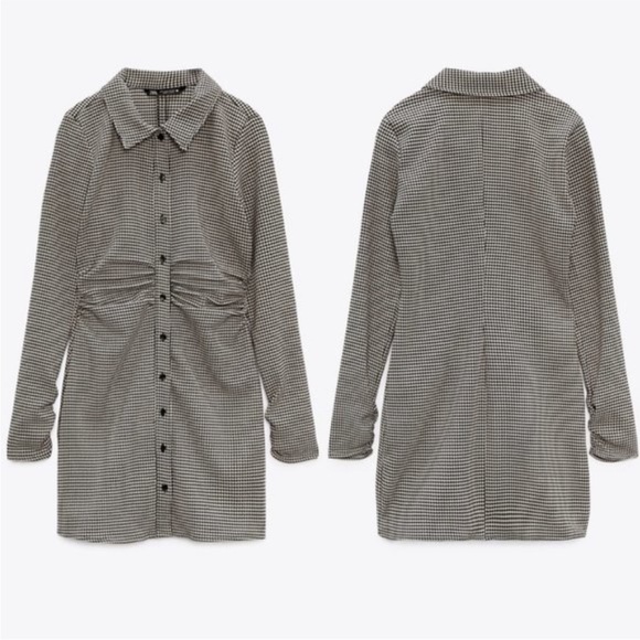 ZARA Houndstooth Button Down Ruched Dress Size Medium - Picture 1 of 6